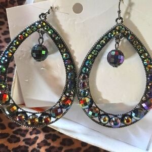 Black AB Rainbow Tinted Bead Teardrop Hoops